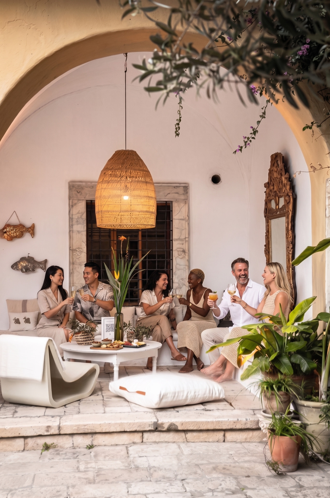 Invités partageant un apéritif dans le patio