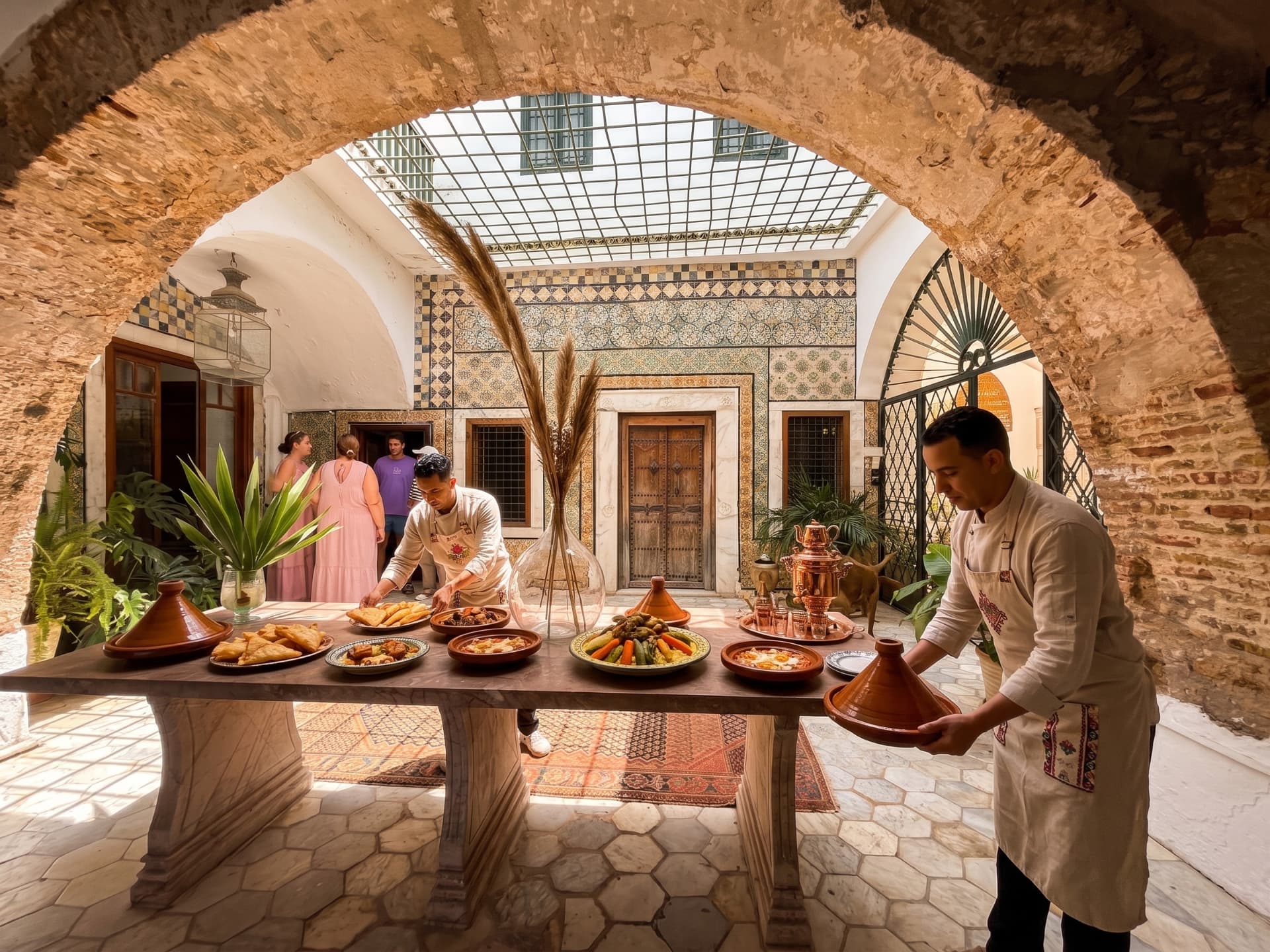 Chefs dressant une table méditerranéenne sous les arches